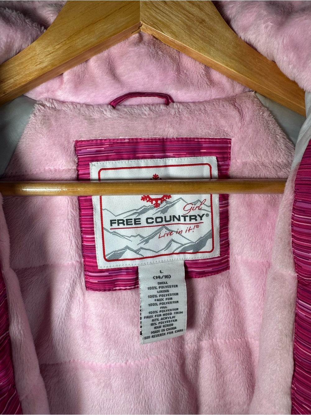 Free Country Girls Ski Jacket Pink & White Faux Fur Lining Size L 14/16